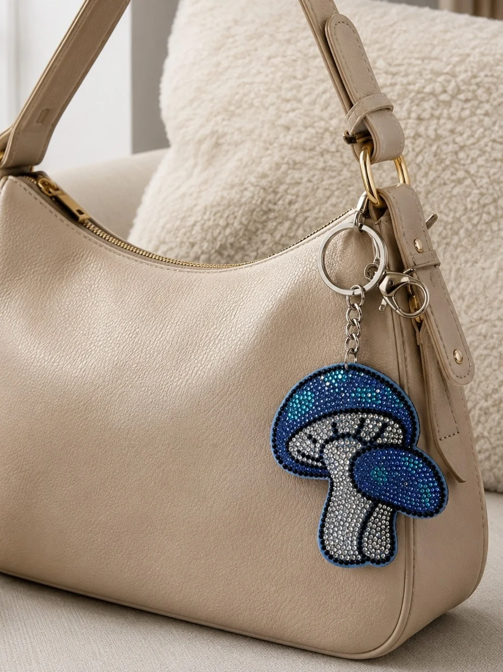 Oversized Rhinestone Mushroom Bag Charm Keychain Blue